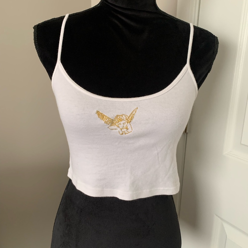 Brandy Melville White Crop Top with Gold Angel Detail